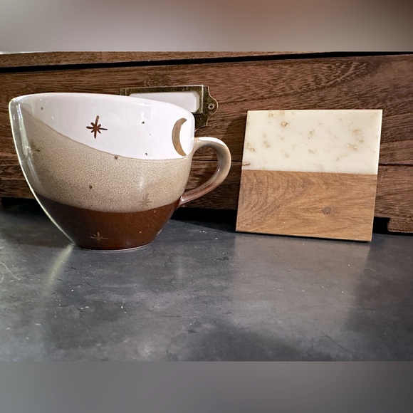 Ceramic Brown Mugs & Solid Oak Wood Coasters Stoneware Mug Set - Picture 1 of 4